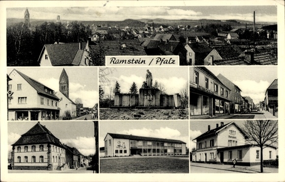 Postcard Ramstein Miesenbach in der Pfalz, general view, war memorial, church, partial views