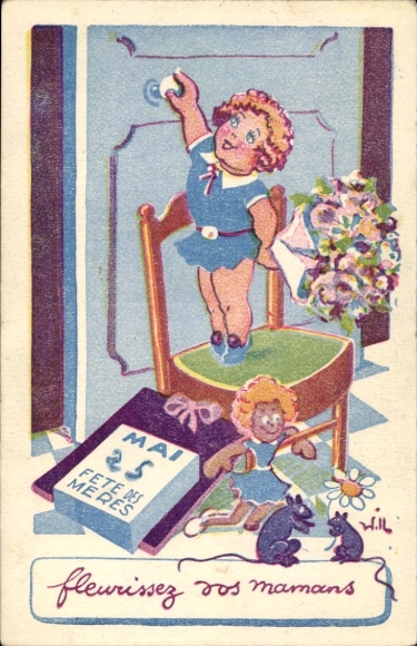 Artysta KP Wszystkiego najlepszego z okazji Dnia Matki, dziecko pod drzwiami, bukiet kwiatów, myszy