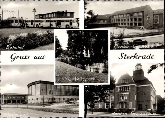 Postcard Sterkrade Oberhausen North Rhine-Westphalia, train station, buses, public park, indoor pool, high schools