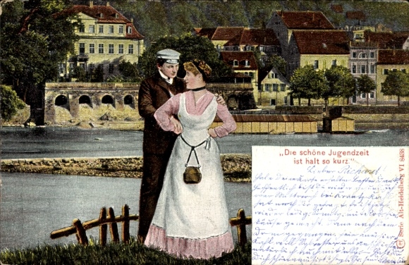Postcard Heidelberg am Neckar, partial view, lovers, The beautiful times of youth are just like that