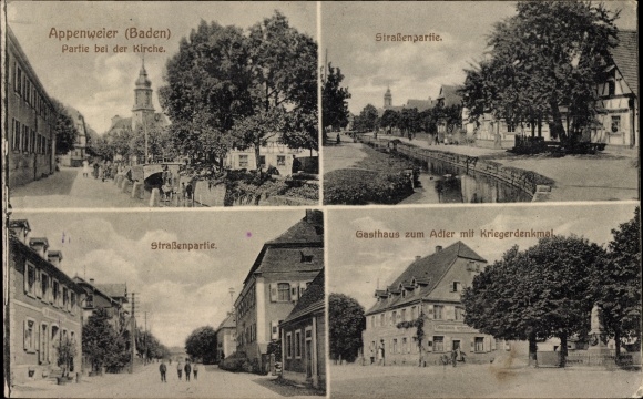 Postcard Appenweier in Baden Black Forest, street section, Inn zum Adler, church, war memorial