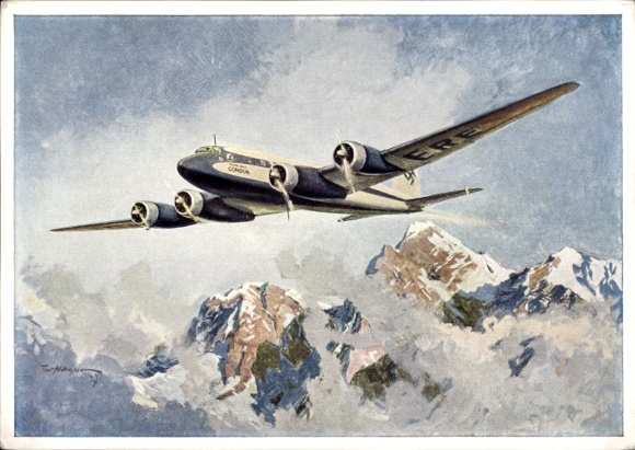 Artist Postcard Matejko, Theo, German Air Force, Focke Wulf Fw 200 C Condor over the Alps