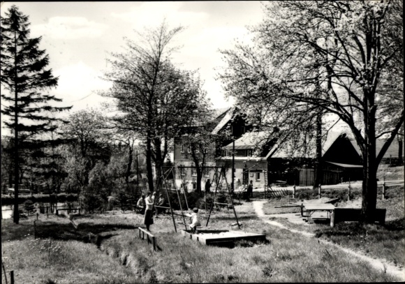 Postcard Crottendorf in the Ore Mountains, swing area, trees, buildings, recreational area, black and white photo