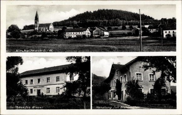 Ansichtkaart Kirchaitnach Kollnburg in Neder-Beieren, totaaloverzicht, kerk, Gasthaus Wieser, actie Biehlmaier