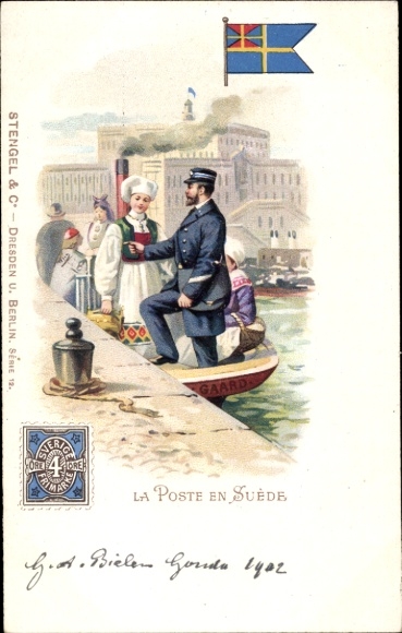 Postage stamps Postcard The post office in Sweden, postman, boat, traditional costume