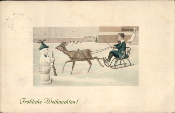 Passepartout Ak Frohe Weihnachten, Schneemann mit Gewehr, Schlitten
