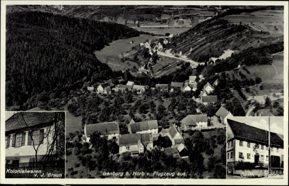 Postcard Isenburg im Sayntal Westerwald, aerial photograph, building view, landscape, colonial goods VJ