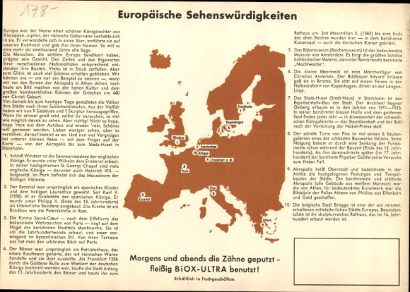 Timetable BIOX fluor tooth protection paste, European sights around 1960