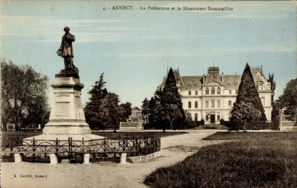 Ak Annecy Haute Savoie, Statue, Monument Sommeiller, Präfektur, Parklandschaft