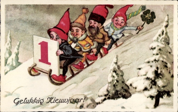 Postcard Happy New Year, dwarves, sleigh, calendar, lucky clover