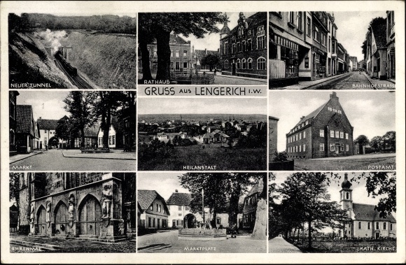 Ak Lengerich im Tecklenburger Land Westfalen, Heilanstalt, Postamt, Kirche, Ehrenmal, Marktplatz
