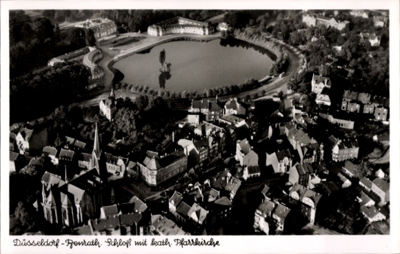 Ak Düsseldorf Benrath, Schloß mit kath. Pfarrkirche, Fliegeraufnahme