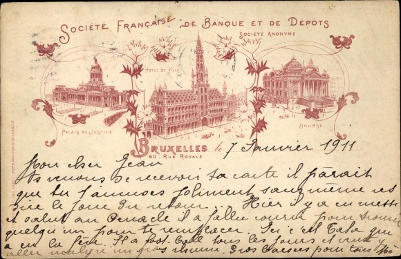 Litho Bruxelles Brüssel, Societe Francaise de Banque et de Depots, Palais de Justice, Bourse