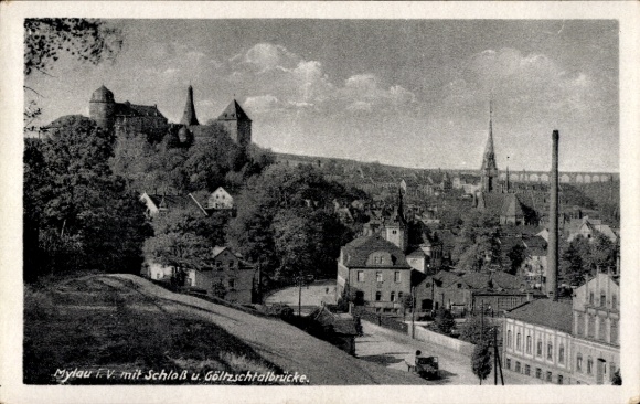 Ak Mylau Reichenbach im Vogtland, Göltzschtalbrücke, Mylau mit Schloss u. Göltzschtalbrücke