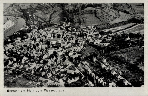 Postcard Eltmann in Lower Franconia, aerial view of Eltmann, river, buildings