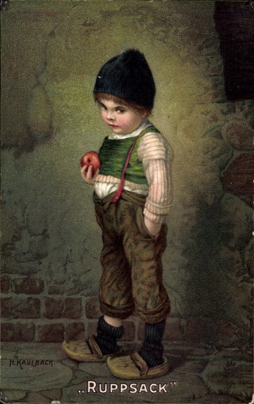 Artist Chromo-Litho Kaulbach, Hermann, Ruppsack, boy with apple, braces, Novitas 10679