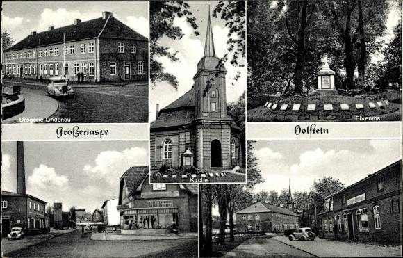 Postcard Grossenaspe in Holstein, drugstore Lindenau, church, memorial, inn
