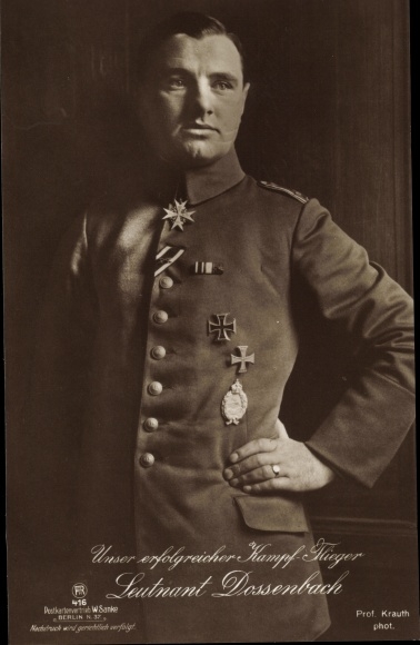 PC German fighter pilot, Lieutenant Albert Dossenbach, standing portrait, order, Pour le Mérite