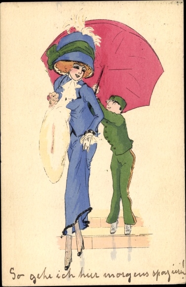 Artist Postcard porter holds umbrella for elegant lady
