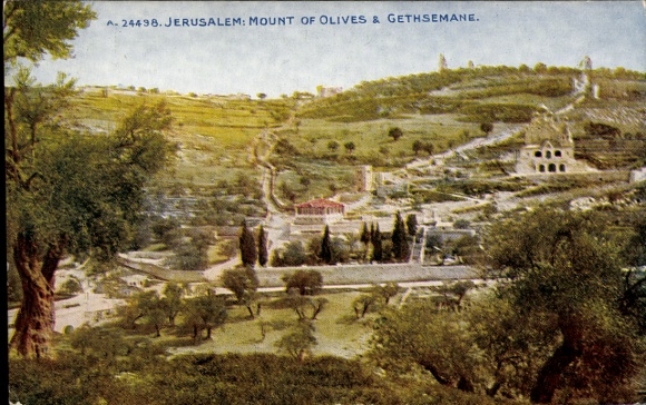 Postcard Jerusalem Israel, Mount of Olives, Garden of Gethsemane, green landscape, sites