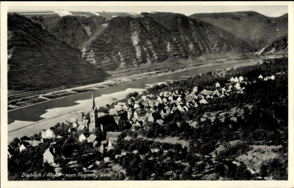 Postcard Dieblich on the Moselle, aerial view of river, mountains, church