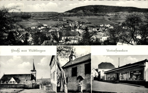 Postcard Nüdlingen Lower Franconia, total view, church, shop