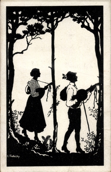Paper cutting Postcard Trebicky, E., Wanderer with lute and guitar