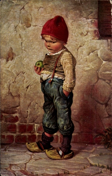 Artist Postcard Kaulbach, Hermann, Hansel, Little John, Child with Apple