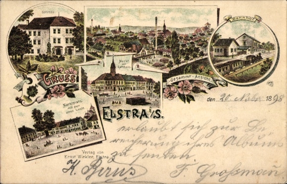 Litho Elstra in der Oberlausitz Sachsen, Bahnhof, Schloss, Marktplatz