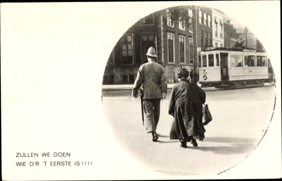 Postcard Netherlands, traffic cop helping woman across the street, tram