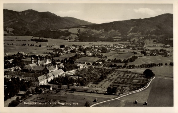 Postcard Benediktbeuren Benediktbeuern in Upper Bavaria, aerial view of picturesque landscape, mountains