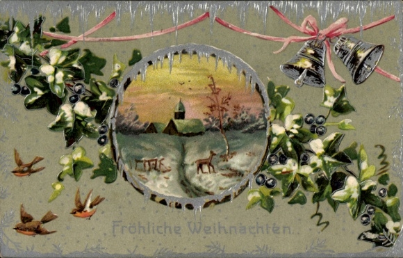 Ak Glückwunsch Weihnachten, Dorfpartie, Glocken, Reh, Vögel