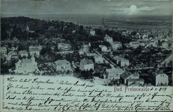 Postcard Bad Freienwalde an der Oder, aerial photograph houses, trees, moonlight