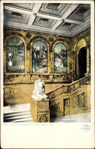 Postcard Boston Massachusetts USA, Public Library, Grand Staircase
