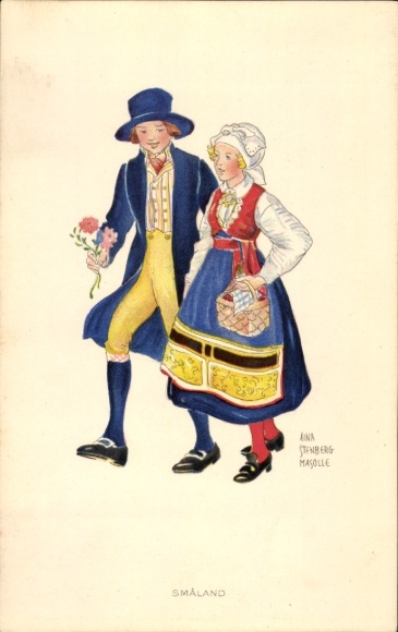 Artist Postcard Smaland, couple in Swedish costume