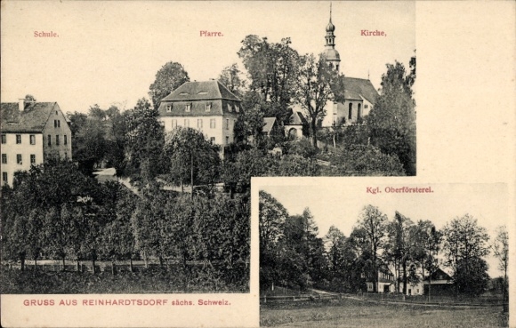 Postcard Reinhardtsdorf Schöna Saxon Switzerland, school, parish, church, Royal Forestry Office