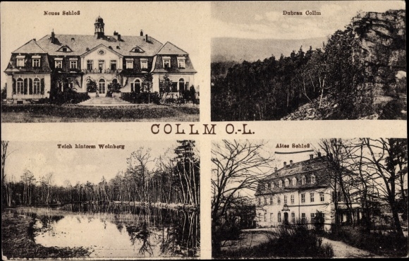 Postcard Collm Kollm in Upper Lusatia, New Castle, Old Castle, Dubrau, pond behind the vineyard