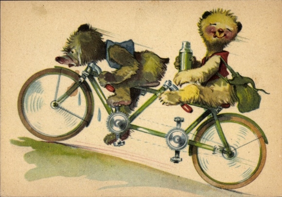 Artysta KP Bears na tandemie, rowerze, misiu
