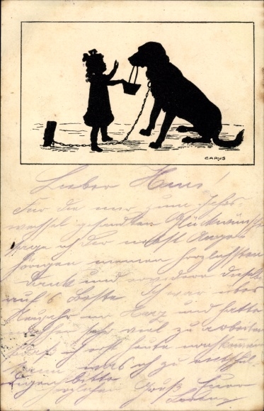 Paper cut artist Postcard Carus, girl and dog, basket