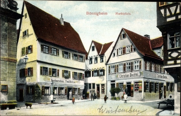 Postcard Bönnigheim Baden Württemberg, marketplace, shop Christian Bechtel, restoration Paul Rücker