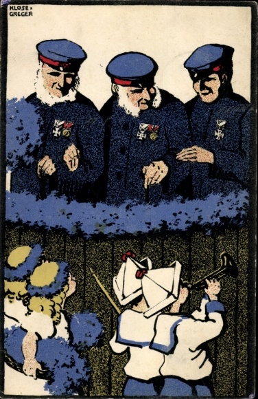 Artist Postcard Klose Greger, Chemnitz in Saxony, Cornflower Day, veterans, musical children