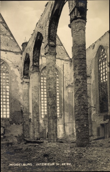 Photo Middelburg Zeeland, church, interior view, war damage, II WW