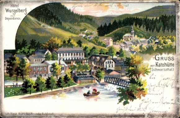 KP Katzhütte w Schwarzatal, kolorowy krajobraz, hotel Wurzelberg, rzeka, łodzie, góry, drzewa