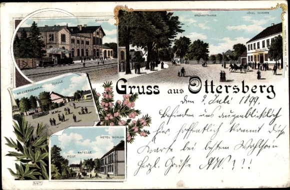 Chromo-Litho Ottersberg in Lower Saxony, train station, track side, hotel, chapel, school
