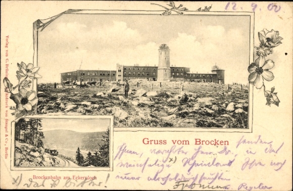 Postwaardestuk Ak Brocken in de Harz, Brockenbahn bij Eckernloch, Brockenturm