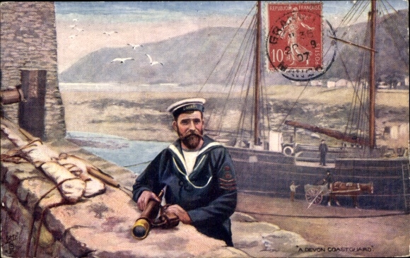 Künstler Ak Devon England, Seemann in Uniform, Küstenwache, Schiff im Hintergrund