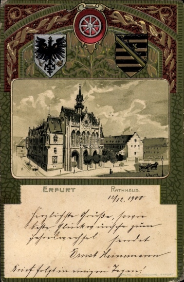 Kunstenaarsreliëf litho van het wapen van Querk, A., Erfurt in Thüringen, stadhuis