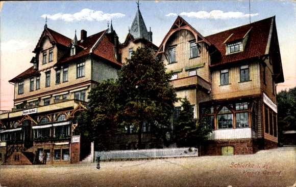Postcard Schierke Wernigerode in the Harz, Hoppe's Gasthof, large building with turrets, inscribed,
