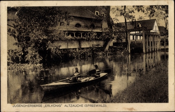 Postcard Alt Zauche Wußwerk in the Spreewald, Erlkönig youth hostel, boat