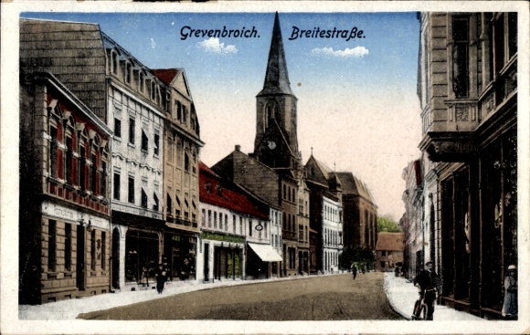 Postcard Grevenbroich in Westphalia, Breitestraße, street view, church, building
